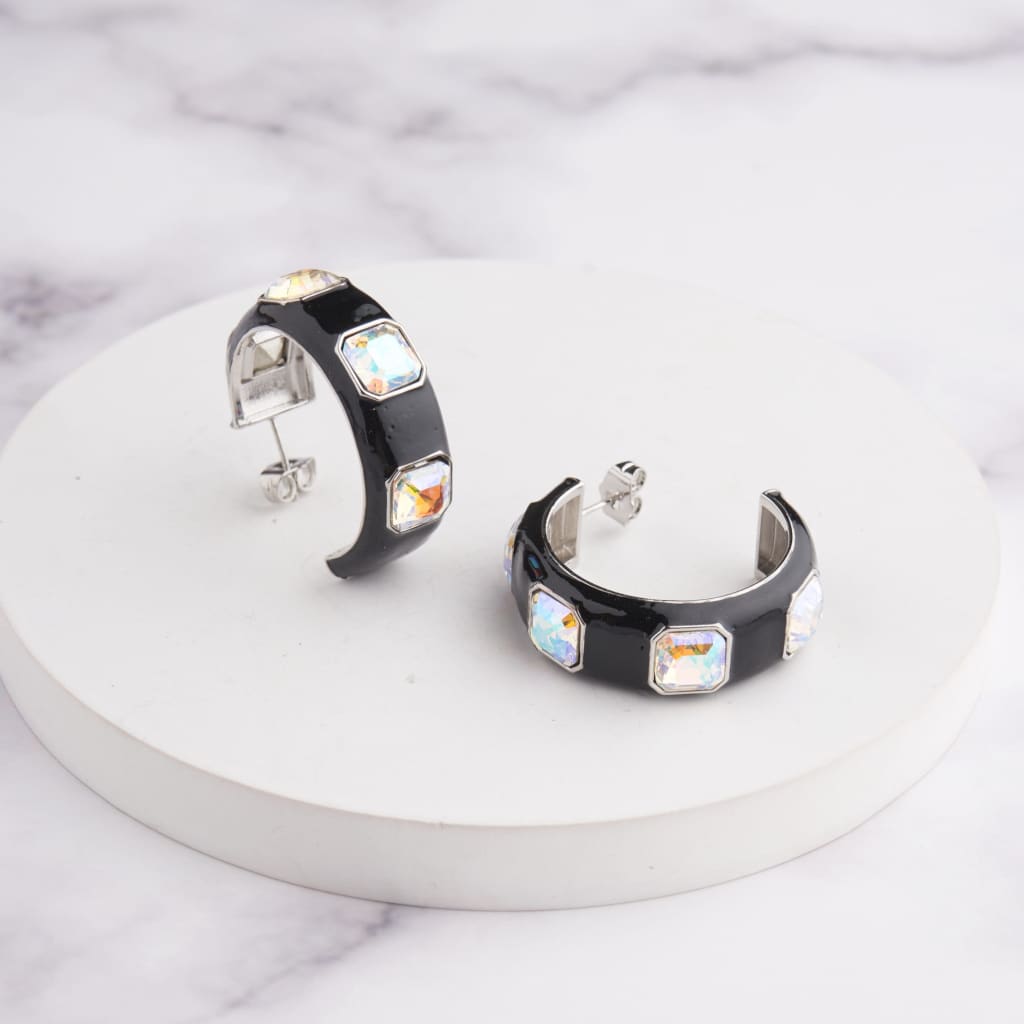 Ari Hoop Earrings - Black - Rainbow / Silver