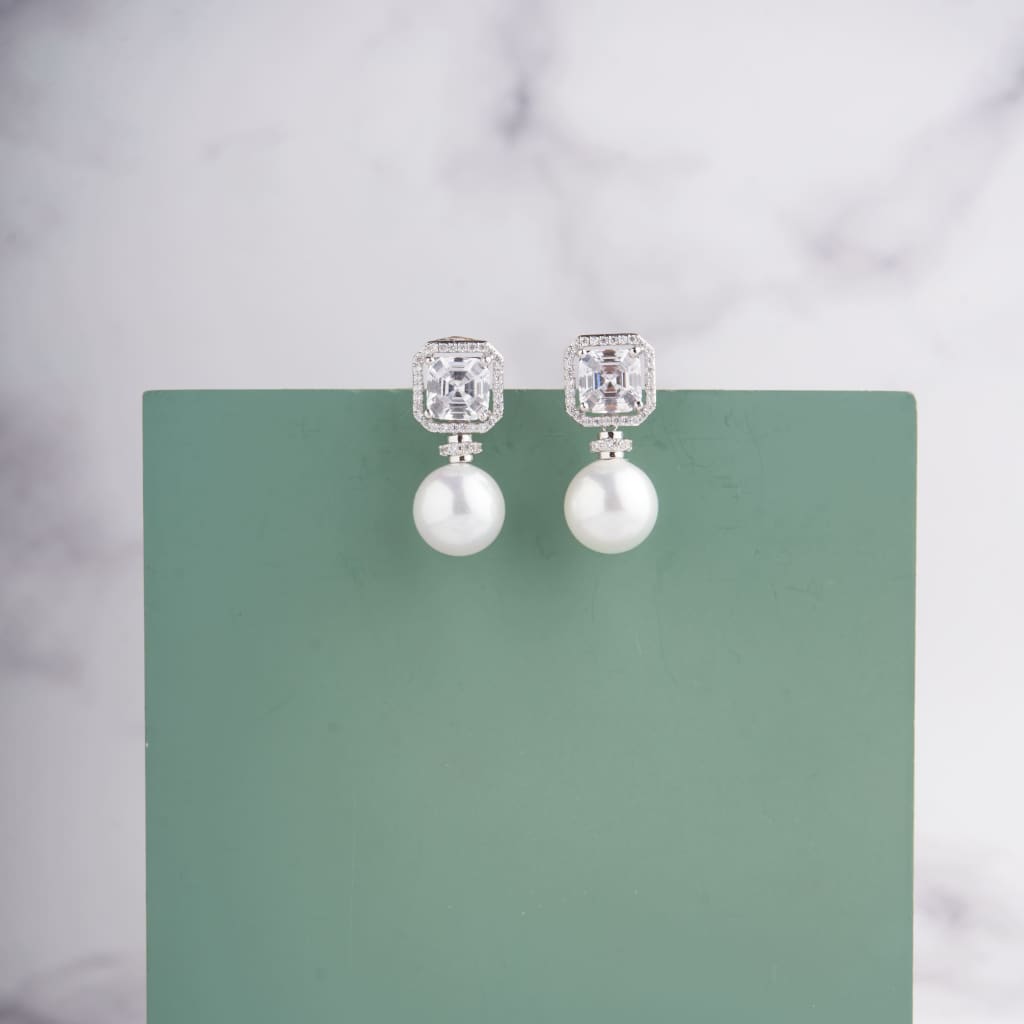 Asscher Pearl Earrings - Silver