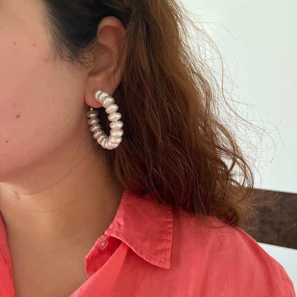 Button Pearl Hoop Earrings