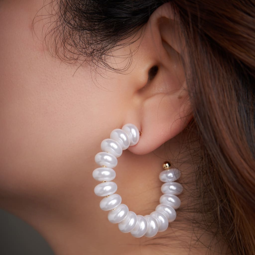 Button Pearl Hoop Earrings