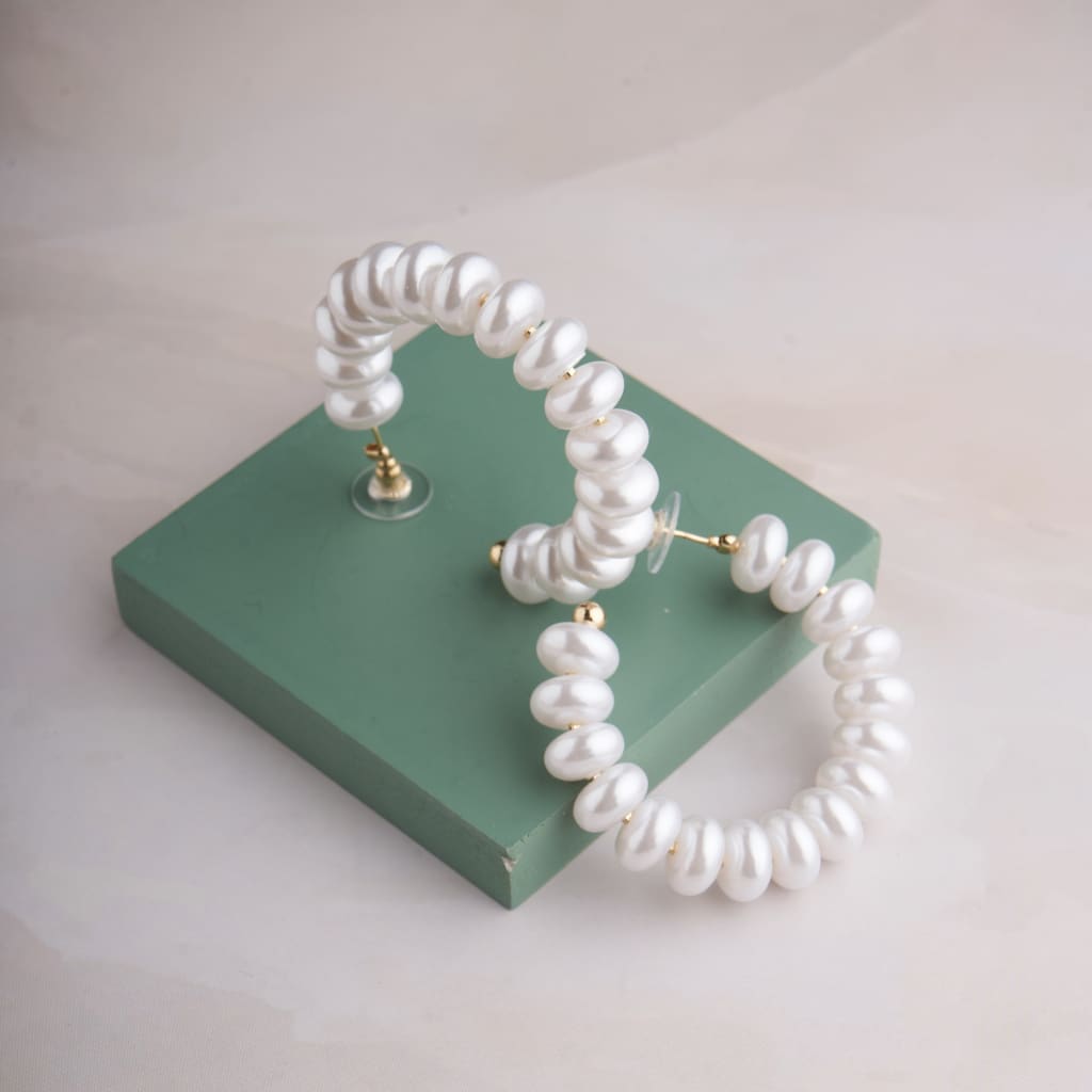 Button Pearl Hoop Earrings