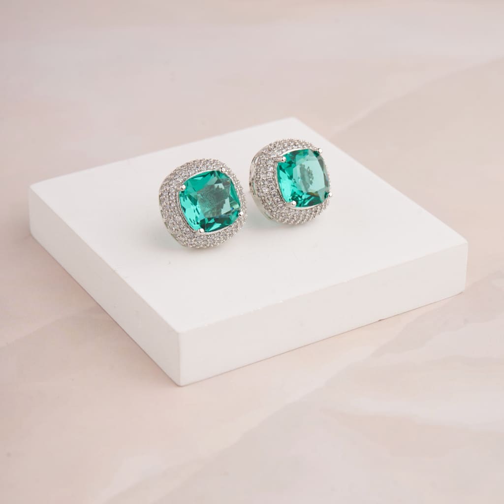 Cushion Halo Earrings - Teal