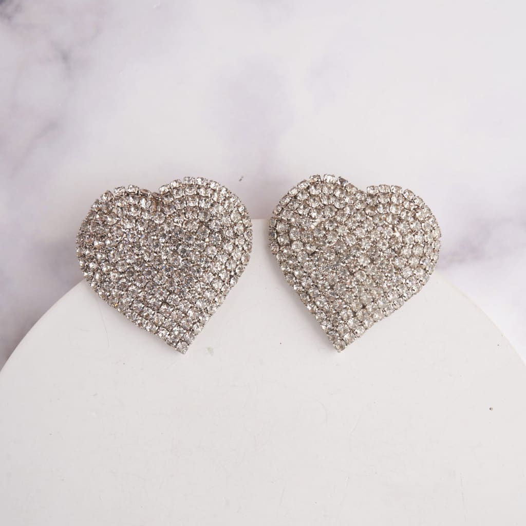 Heart Rhinestone Earrings - Silver