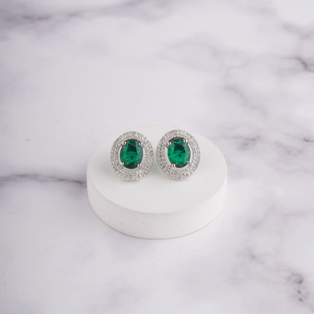 Oval Halo Earrings - Green