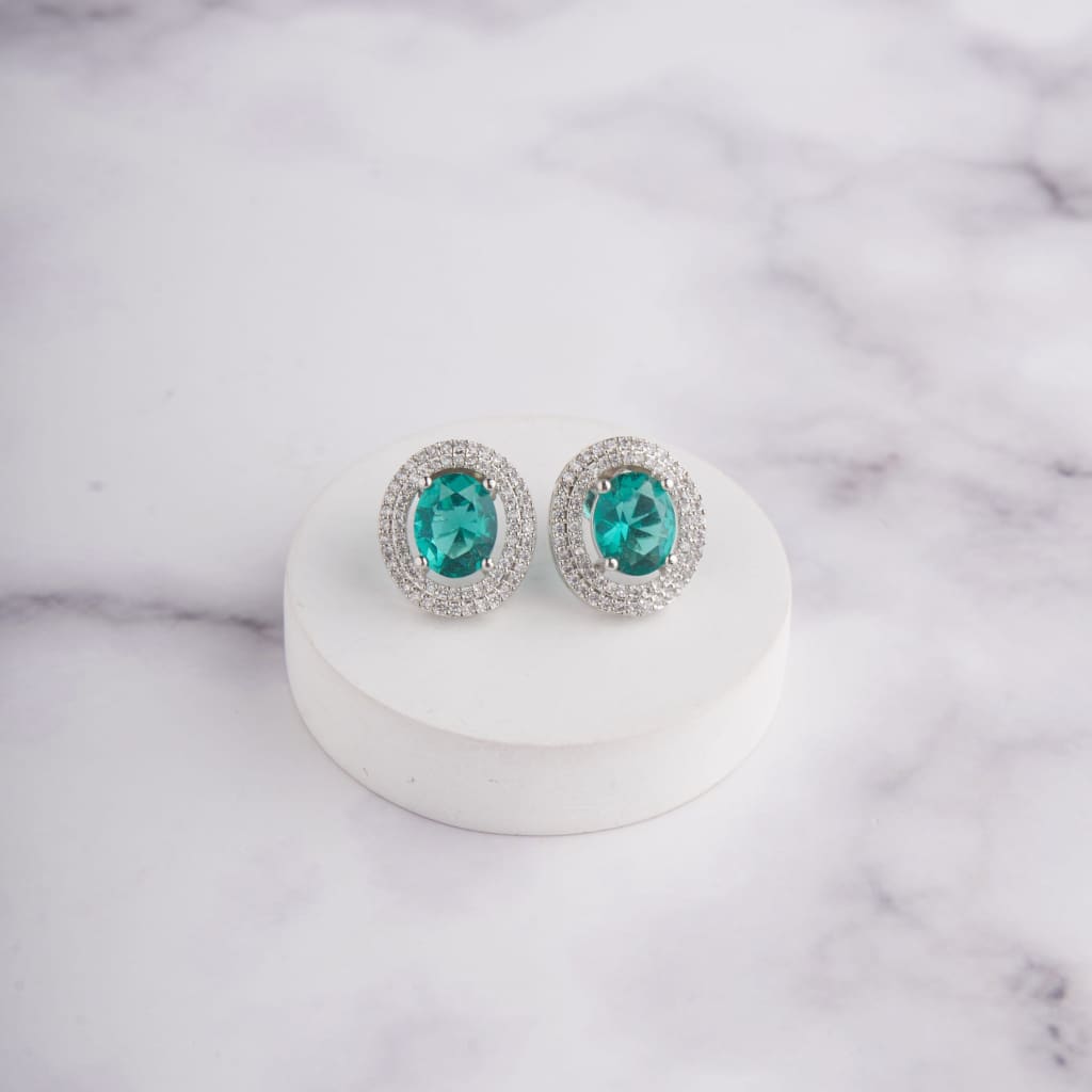 Oval Halo Earrings - Teal